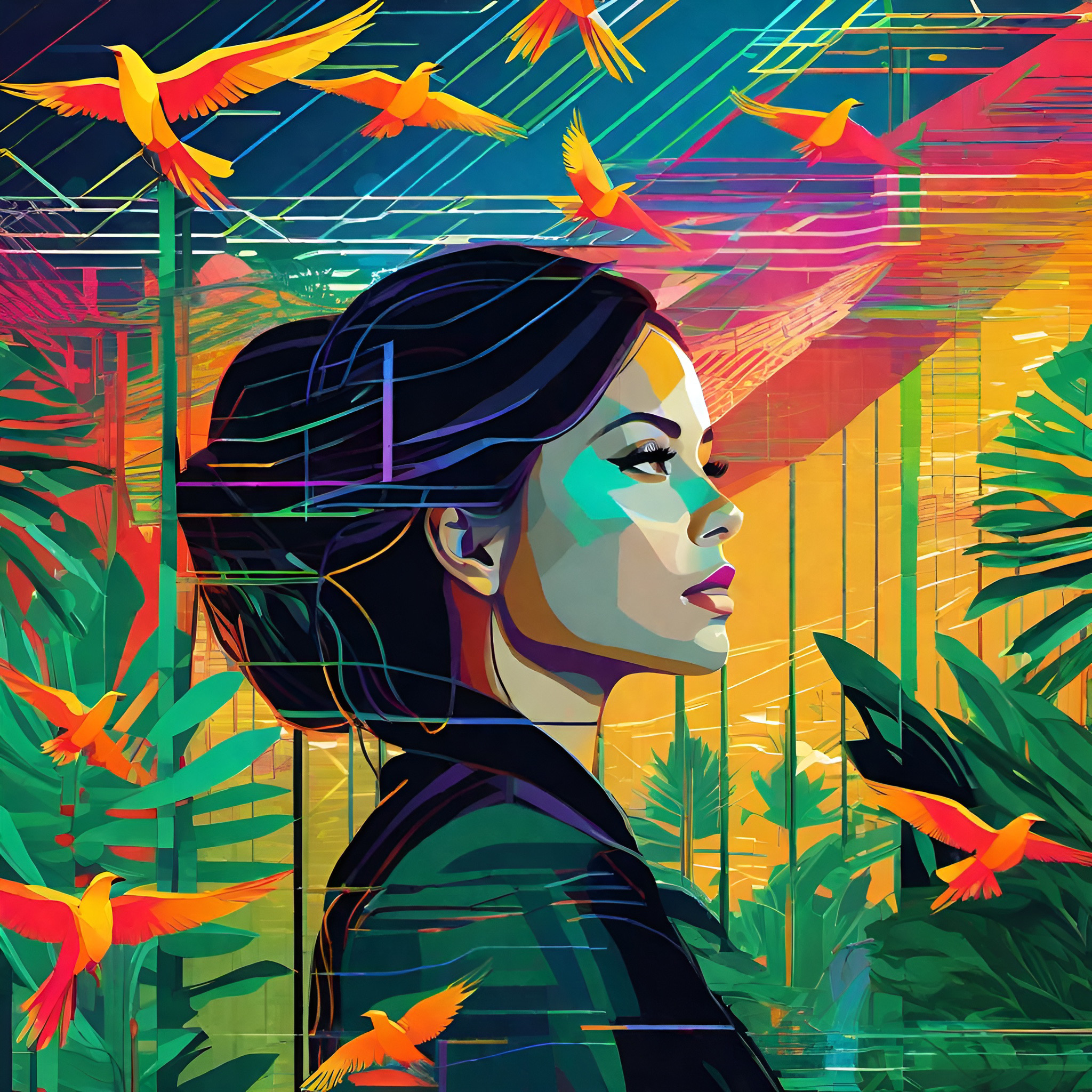 Digital portrait in a colorful jungle